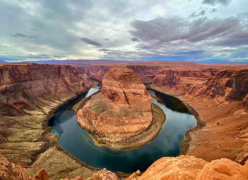 High angle view of horse bend rock formation and river in canyon