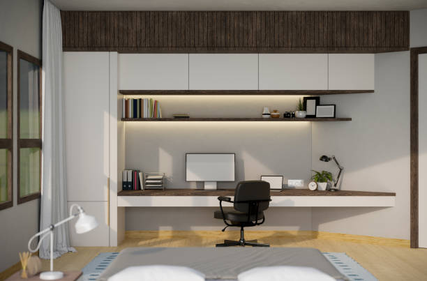 istock Home workplace in modern bedroom with PC computer and accessories on built-in shelves 1404586721