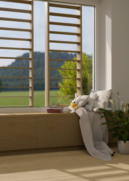 istock Comfort and minimal home relaxing space interior against the large window. 1404586725