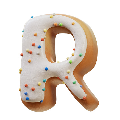 3D illustration of White Cream Donut Font Concept.  Bakery sweet alphabet.Delicious Letter R. 3d rendering isolated on white background.