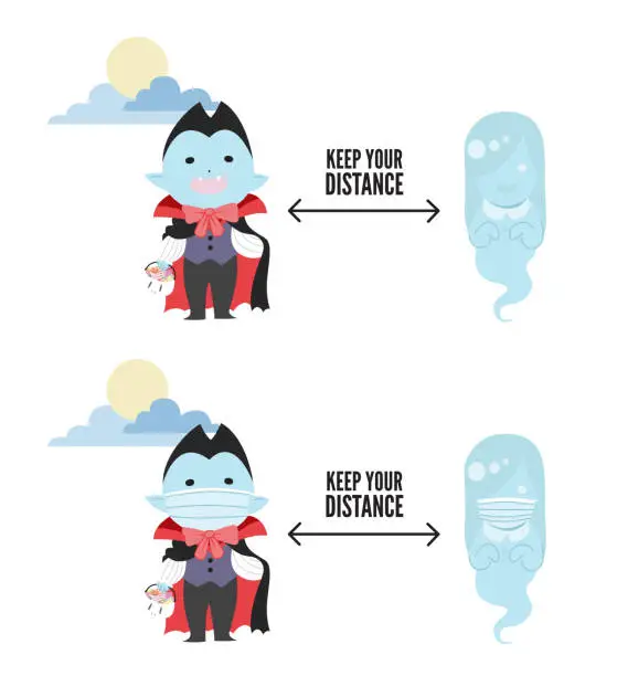 Vector illustration of Keep a distance of two meters or 6 feet between two persons with two Halloween characters