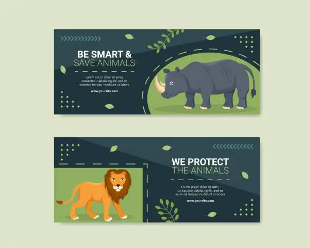 Vector illustration of Wildlife Park Animals Social Media Horizontal Banner Template Flat Cartoon Background Vector Illustration