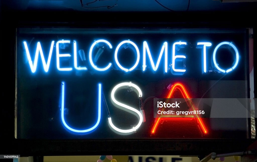 Bienvenido a USA neón de señal - Foto de stock de Azul libre de derechos