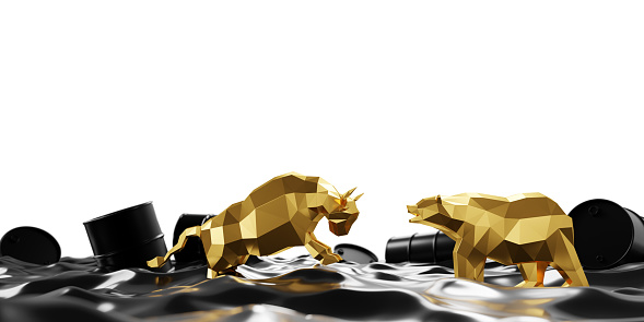 Bull and bear with crude oil isolated on white background 3D render