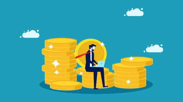 Work and invest. Businessman working on piles of money. business concept vector illustration vector art illustration