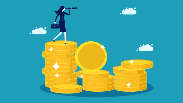 investment money. Business woman binoculars on pile of money. business concept vector illustration vector art illustration