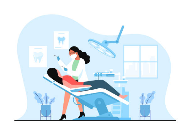 ilustrações de stock, clip art, desenhos animados e ícones de female dentist doing dental work for customers in a medical clinic. - dental light dental equipment hospital professional occupation