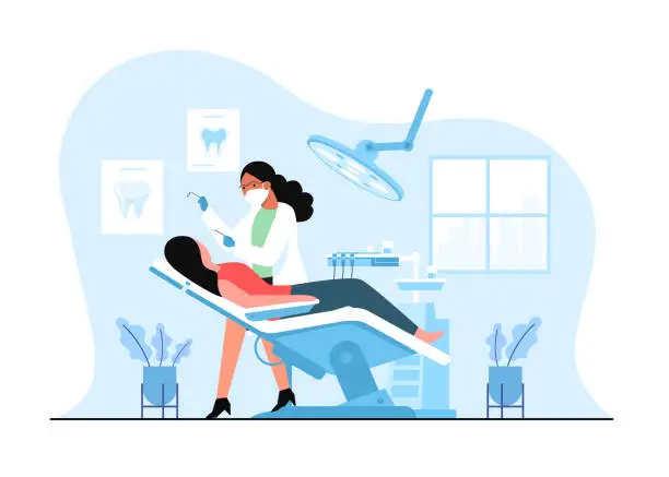 Vector illustration of Female dentist doing dental work for customers in a medical clinic.