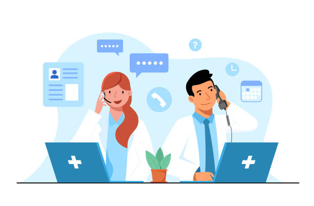 Call doctor concept. Doctors answer patient questions over the phone. Call doctor concept. Doctors answer patient questions over the phone. Providing medical advice and making appointments for medical examinations regarding the underlying disease and treatment guideline doctors bag stock illustrations