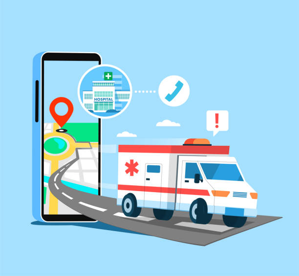 ilustraciones, imágenes clip art, dibujos animados e iconos de stock de servicio hospitalario los pacientes pueden llamar a un servicio de ambulancia por teléfono. o en línea a través del sitio web del hospital - medicina de emergencia