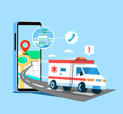 Hospital service Patients can call an ambulance service via phone. or online via the hospital's website for 24 hours. Healthcare, hospital and medical diagnostics. Urgency services. Flat vector illustration