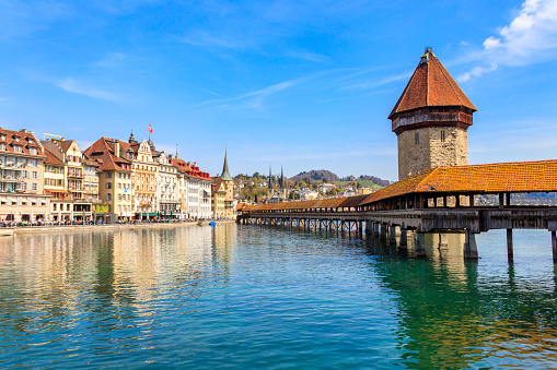 Chapel bridge spanning the river Reuss in the city of Lucerne, Switzerland