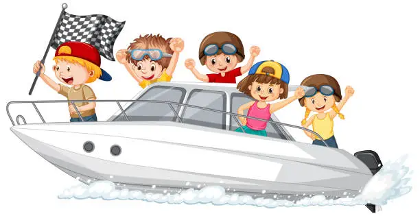 Vector illustration of Happy children in a speedboat on white background