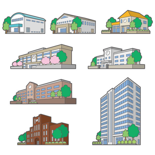 Illustrations of perspective views of various buildings. Front view of the building. junior high stock illustrations