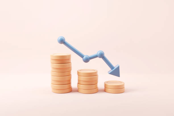 istock Graph down arrow on coin stacks. Financial crisis. Reduction. Inflation concept. 3d render 1404594395