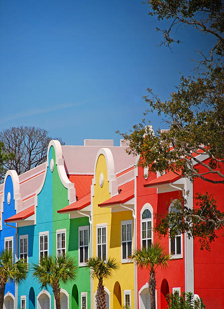 Row of bright multicolored coastal townhomes with palm trees out front