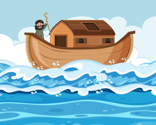 illustrazioni stock, clip art, cartoni animati e icone di tendenza di noè in piedi da solo sulla sua arca nella scena dell'oceano - ark cartoon noah animal
