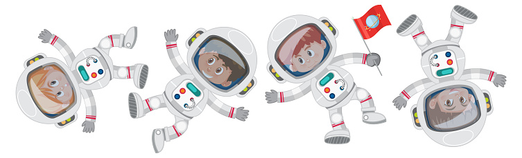 Set of different little astronauts cartoon character illustration