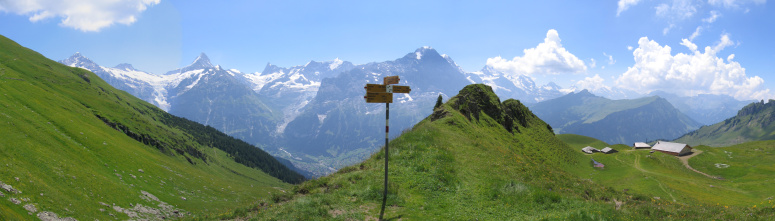 a hiking signpost on the shoulder of a hill above Grindelwald, Switzerland