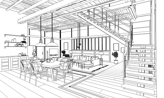Architecture design drawings, building model on blueprint floor plan, house construction concept, close up view. 3d render