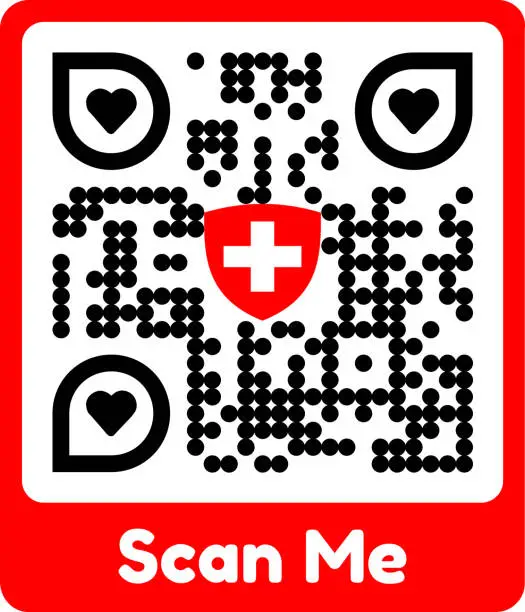 Vector illustration of Illustration of QR Code of website www.ch.ch of Swiss government with coat of arms of Switzerland and heart symbols and text scan me. Illustration made June 16th, 2022, Zurich, Switzerland.