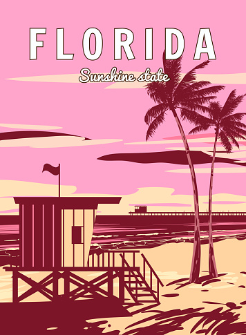 Retro Poster Florida Beach. Lifeguard house on the beach, palm, coast, surf, ocean. Vector illustration vintage style isolated