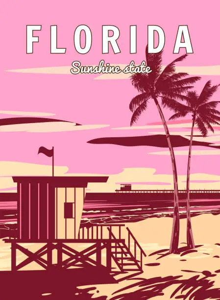 Vector illustration of Retro Poster Florida Beach. Lifeguard house on the beach, palm, coast, surf, ocean