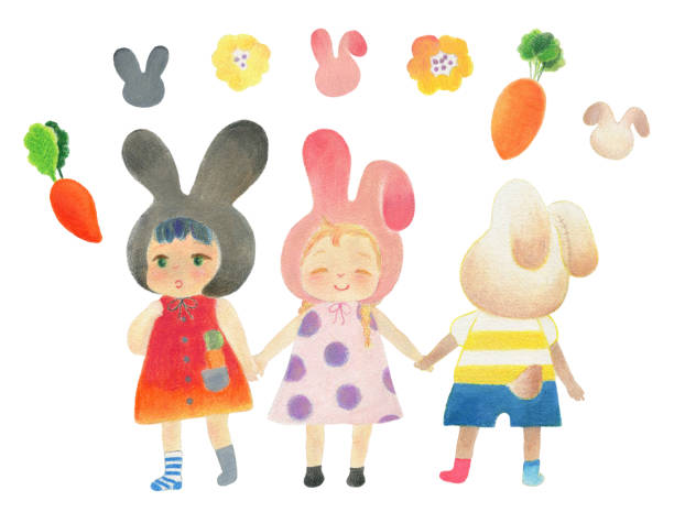 Handwritten illustrations of children wearing rabbit hats Handwritten illustrations of children wearing rabbit hats. lop eared rabbit stock illustrations