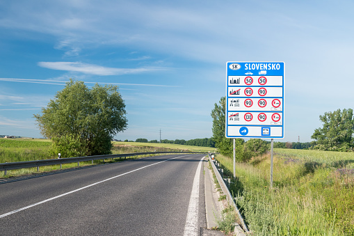 Entrance road to Slovakia with board with speed limits in Slovakia.