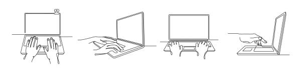 One line laptop with hands. People typing on notebook computer keyboard, internet communication and online working illustration vector set One line laptop with hands. People typing on notebook computer keyboard, internet communication and online working illustration vector set of laptop drawing to use internet, computer line continuous typing on computer keyboard stock illustrations