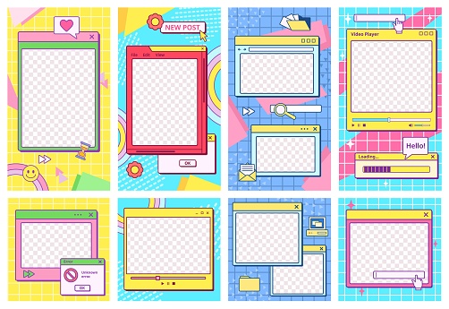 Retro UI post template. Cool 90s aesthetic social media stories frames, app window with groovy background vector set