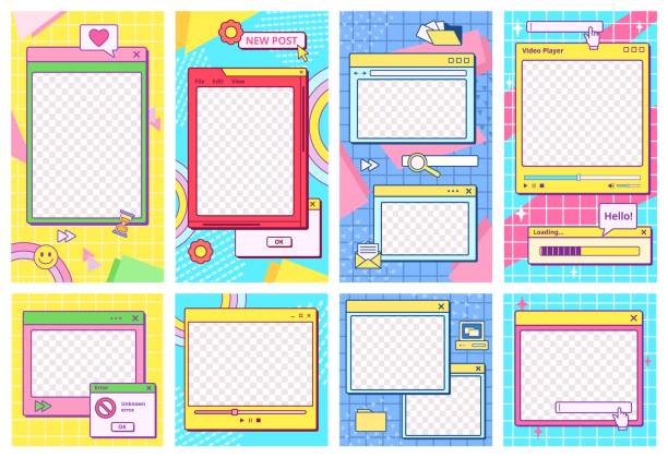 Retro UI post template. Cool 90s aesthetic social media stories frames, app window with groovy background vector set Retro UI post template. Cool 90s aesthetic social media stories frames, app window with groovy background vector set. Illustration of graphic template retro groovy computer backgrounds stock illustrations