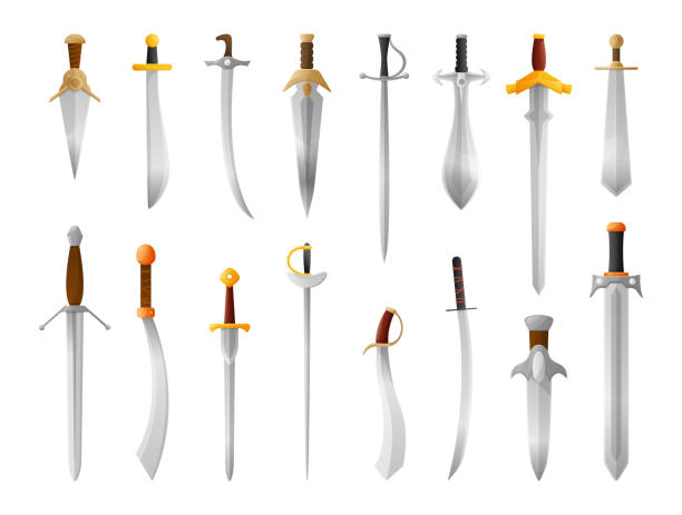 stockillustraties, clipart, cartoons en iconen met cartoon medieval sword. metal blade weapon, knight saber and war dagger. antique swords isolated vector illustration set - kort haar