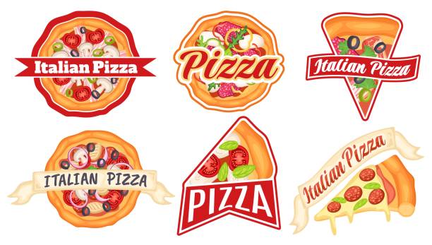 illustrations, cliparts, dessins animés et icônes de badges pizza. étiquette de restaurant de cuisine italienne, badge pizzeria et ensemble d’illustrations vectorielles de tranches de pizza - old fashioned pizza label design element