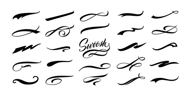 kalligraphischer swoosh. dekoration swish symbole, retro unterstreichung swooshes schwänze und athletische typografie text unterstreichung vektor-set - kurvenreiche stock-grafiken, -clipart, -cartoons und -symbole