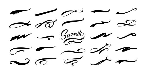 ilustraciones, imágenes clip art, dibujos animados e iconos de stock de swoosh caligráfico. símbolos de decoración swish, retro subrayado swooshes tails y texto de tipografía atlética subrayando conjunto vectorial - swirl