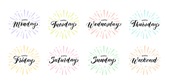 Happy week days lettering. Calligraphic weekend and weekday names with burst splash, handwritten diary titles vector set. Illustration of weekday daily for schedule positive