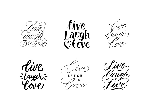 Live Laugh Love lettering. Inspirational calligraphy font slogan for wedding posters or home decorations prints. Hand drawn typography text vector set. Illustration of typography lettering calligraphy