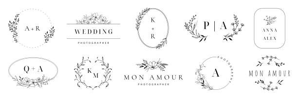 illustrazioni stock, clip art, cartoni animati e icone di tendenza di logo del matrimonio. elegante monogramma, inviti di matrimonio disegnati a mano con contorni di ghirlande set vettoriale - wedding