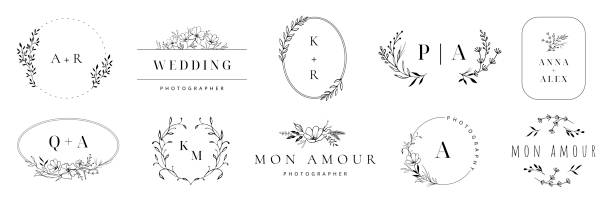 logo ślubne. elegancki monogram, ręcznie rysowane zaproszenia ślubne z zestawem wektorowym obramowań wieńców - wedding stock illustrations