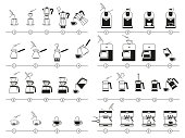 Coffee brewing instructions. Making drink steps manual, espresso cooking guideline and coffee pot using vector illustration set