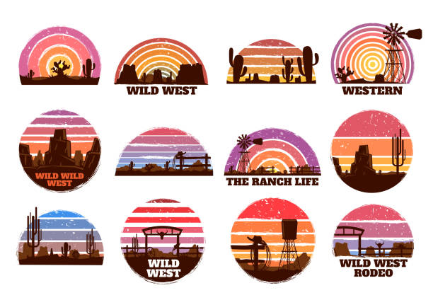 illustrations, cliparts, dessins animés et icônes de coucher de soleil rétro de l’ouest sauvage. silhouette de ranch occidental, paysage matinal de la nature du texas et désert avec des cactus jeu d’illustration vectorielle - ranch