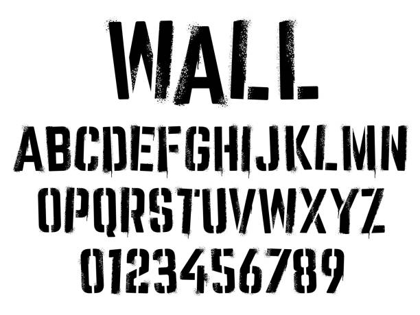 Stencil graffiti font. Aerosol spray text with grunge grain texture, paint splatter letters and numbers vector set Stencil graffiti font. Aerosol spray text with grunge grain texture, paint splatter letters and numbers vector set. Illustration of dirty paint stencil, grunge graffiti spray graffiti fonts alphabet stock illustrations
