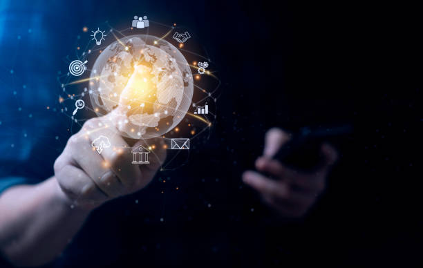 istock Businessman using smart phone. Global business internet connection application technology and digital marketing. Digital Link Technology Big Data Finance and Banking business concept 1404602343