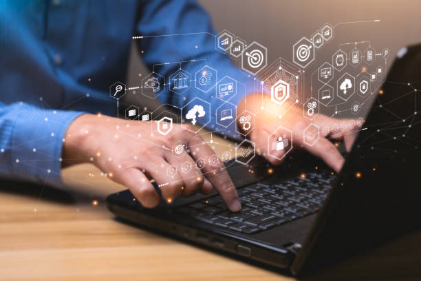 istock Internet Security and Cyber Network Concepts. Businessman working with laptop computer with padlock icon. data protection and personal information. Hackers' digital crimes 1404602398