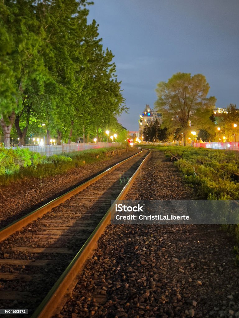 Old Montreal train tracks Vieux Montreal at night Canada Stock Photo