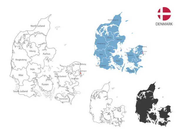 Vector illustration of 4 style of Denmark map vector illustration have all province and mark the capital city of Denmark. By thin black outline simplicity style and dark shadow style. Isolated on white background.