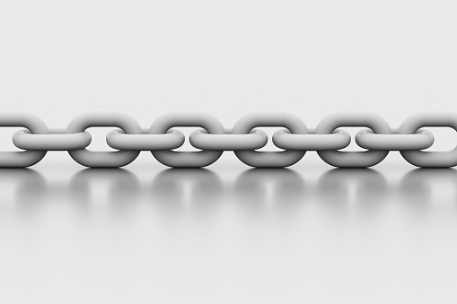 Chains break ring. The concept of the weakest link. Isolated. 3D Illustration