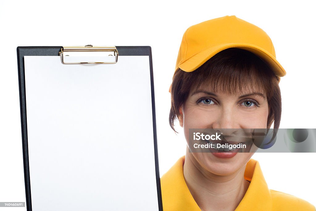 Young woman shows the blank page on Clipboard Young woman shows the blank page Adult Stock Photo