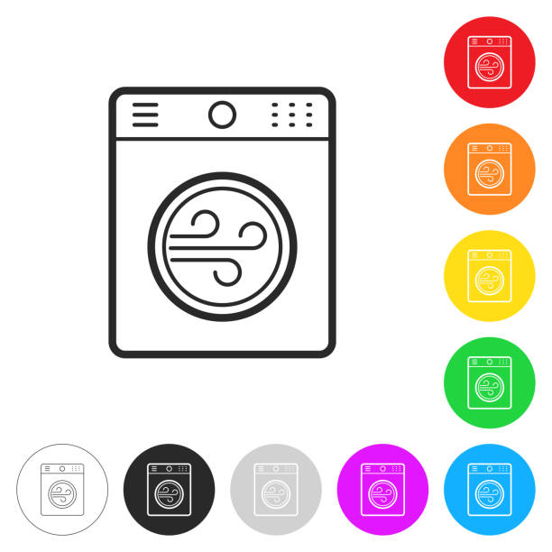 Tumble dryer. Icon on colorful buttons Icon of "Tumble dryer" isolated on white background. Includes 9 colorful buttons with a flat design style for your design (colors used: red, orange, yellow, green, blue, purple, gray, black, white, line art). Each icon is separated on its own layer. Vector Illustration with editable strokes or outlines (EPS file, well layered and grouped). Easy to edit, manipulate, resize or colorize. Vector and Jpeg file of different sizes. tumble dryer stock illustrations
